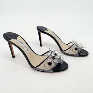 Jimmy Choo Black Saskia 85 Embellished Floral PVC Slip-On Sandal Heels IT 39.5